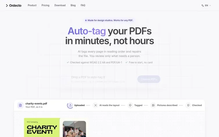 Screenshot of the Ordecto homepage