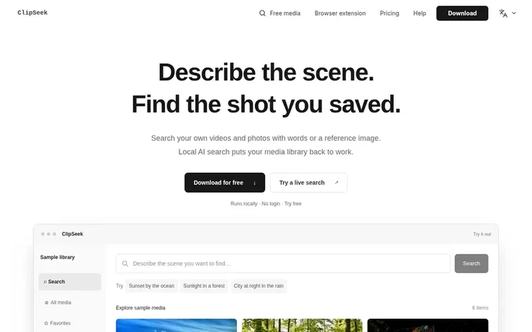 Screenshot of the ClipSeek homepage