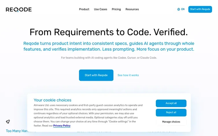 Screenshot of the Reqode homepage
