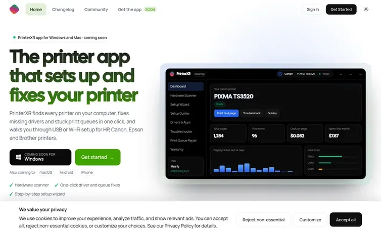 Screenshot of the PrinterXR homepage