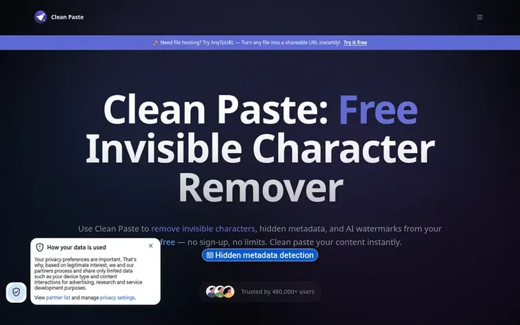 Screenshot of the Clean Paste homepage