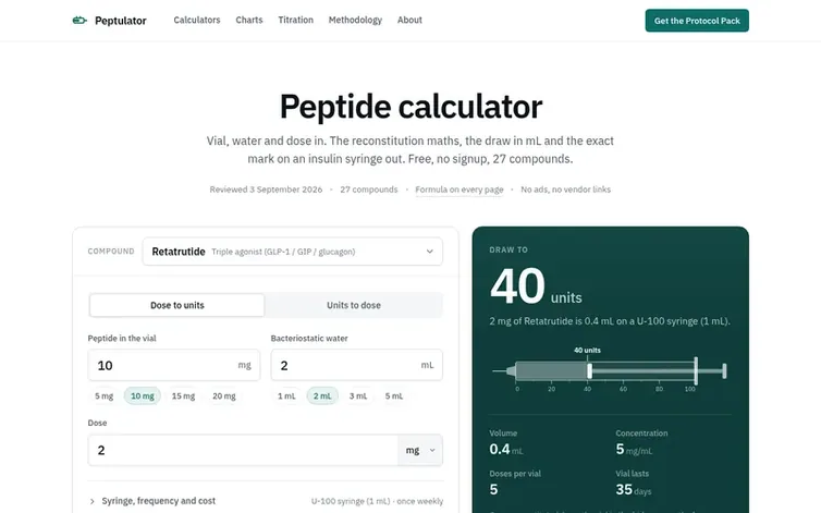 Screenshot of the Peptulator homepage