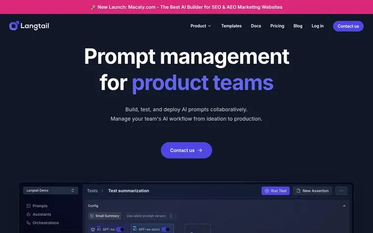 Screenshot of the Langtail homepage