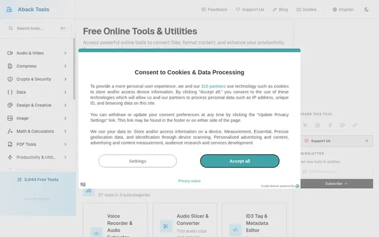 Screenshot of the Aback Tools homepage