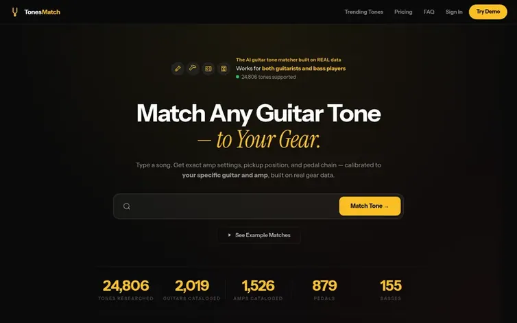 Screenshot of the TonesMatch homepage