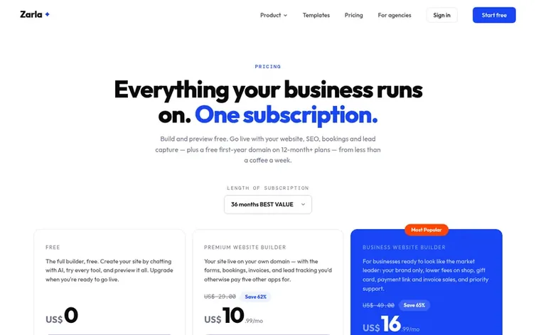 Screenshot of the Zarla homepage