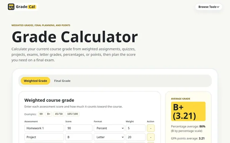 Screenshot of the GradeCal homepage