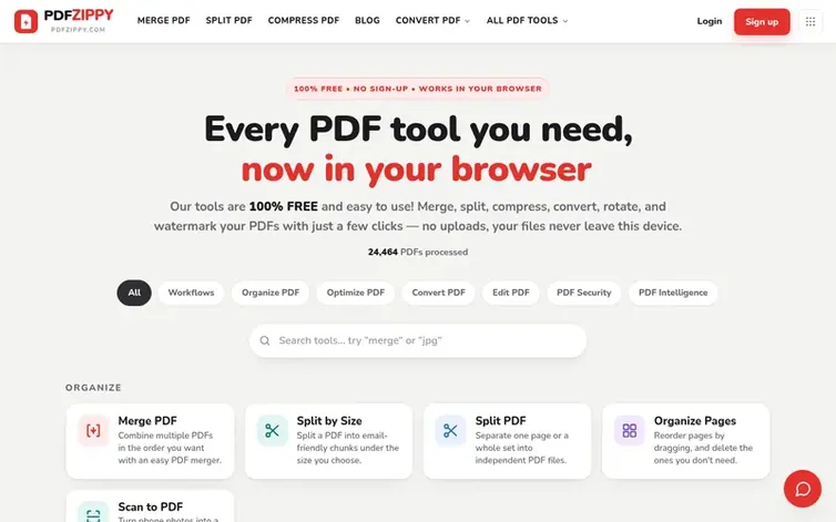 Screenshot of the PDFZippy homepage
