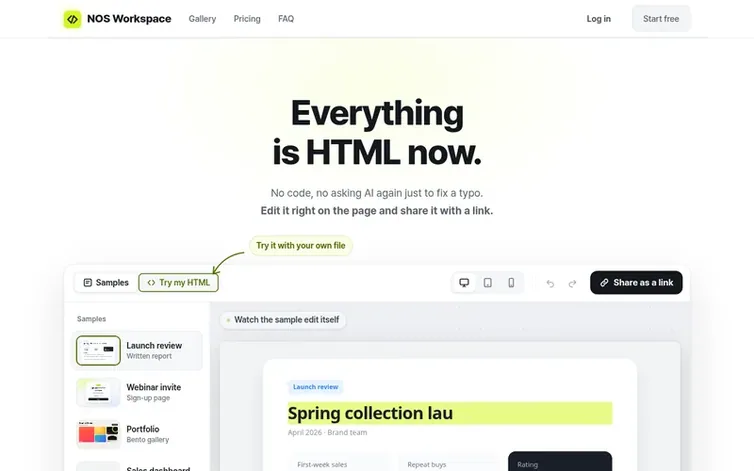Screenshot of the NOS Workspace homepage