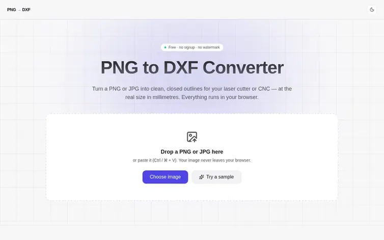 Screenshot of the PNG to DXF Converter homepage