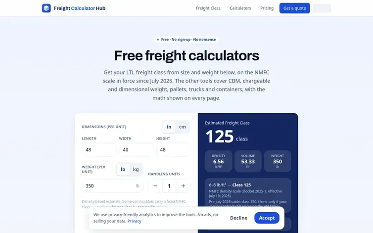 Screenshot of the Freight Calculator Hub homepage