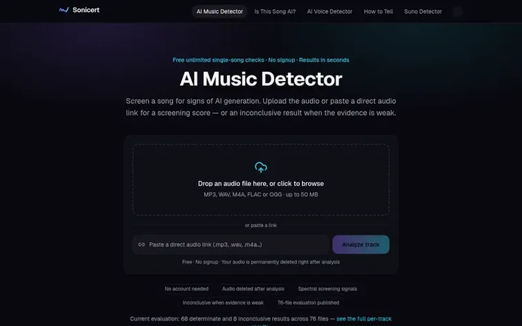 Screenshot of the Sonicert homepage
