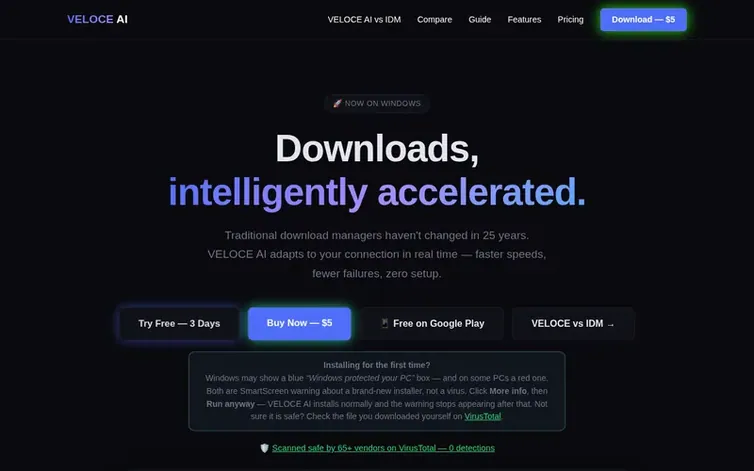 Screenshot of the VELOCE AI homepage