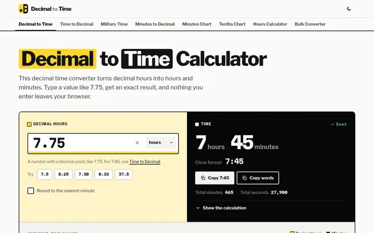 Screenshot of the Decimal to Time homepage