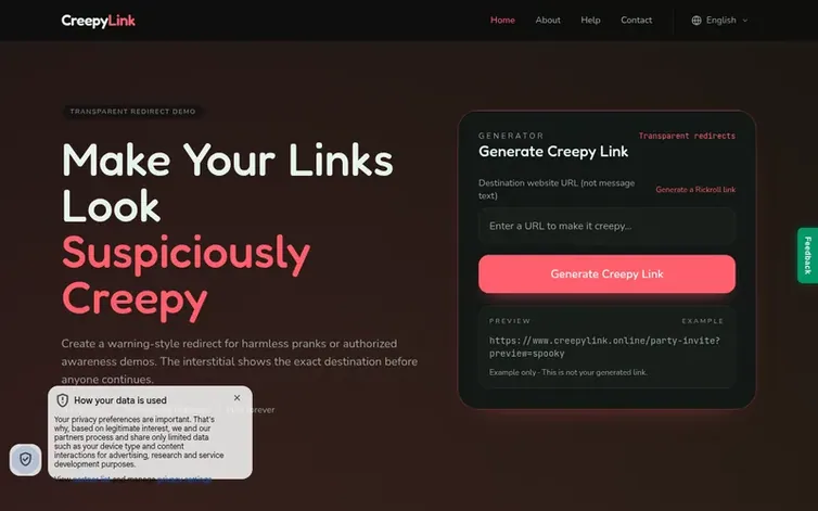 Screenshot of the CreepyLink homepage