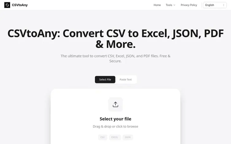 Screenshot of the CSVtoAny homepage