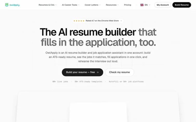 Screenshot of the OwlApply homepage