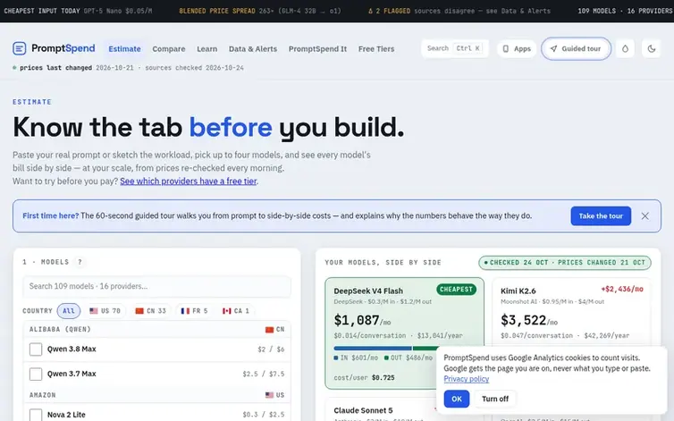 Screenshot of the PromptSpend homepage