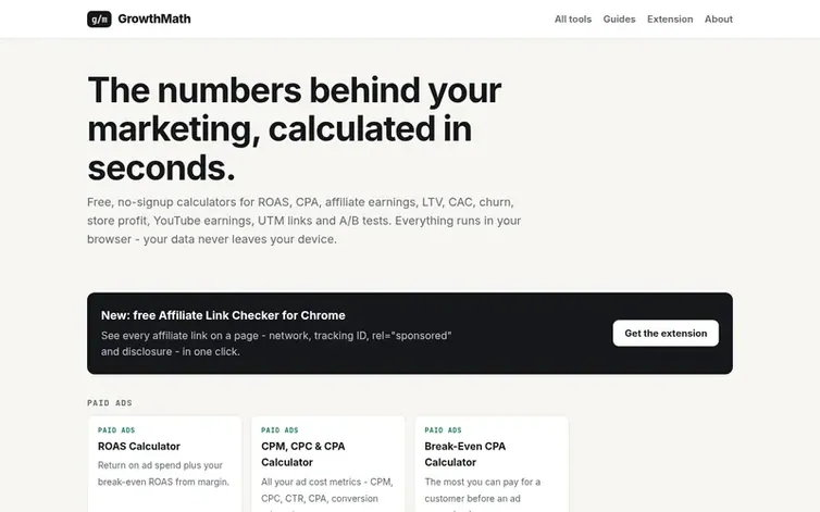 Screenshot of the GrowthMath homepage