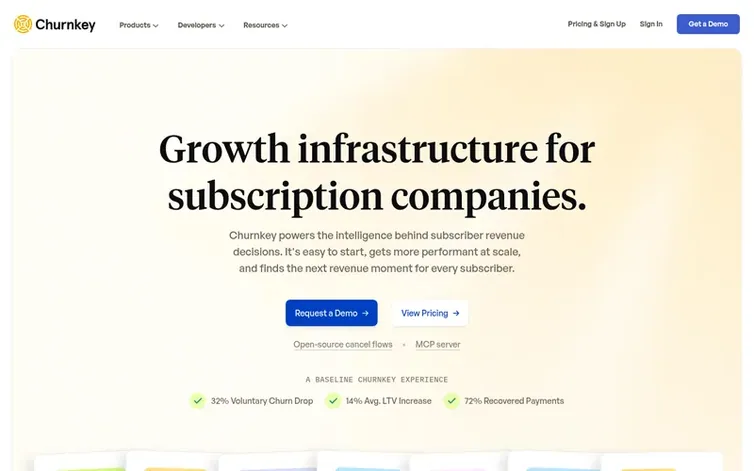 Screenshot of the Churnkey homepage