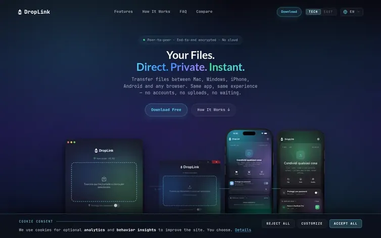 Screenshot of the DropLink homepage