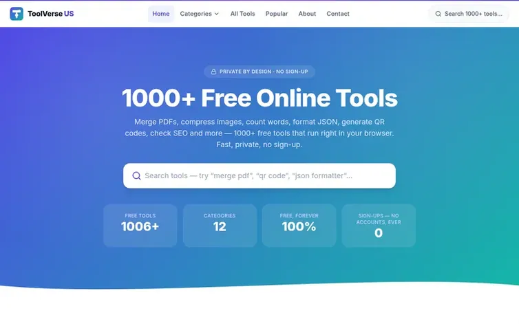 Screenshot of the ToolVerse US homepage