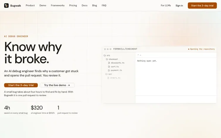 Screenshot of the Bugwalk homepage