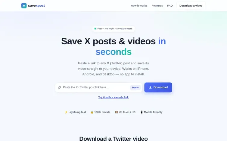 Screenshot of the SaveXPost homepage