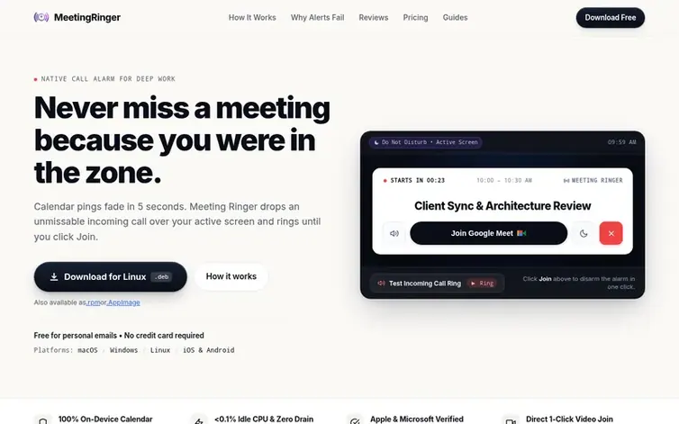 Screenshot of the Meeting Ringer homepage