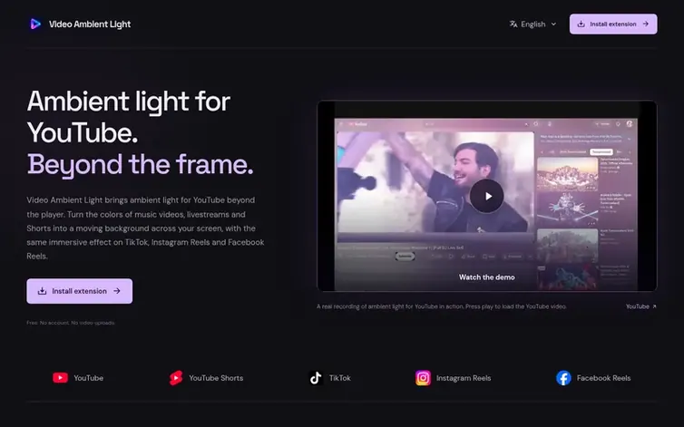 Screenshot of the Video Ambient Light homepage