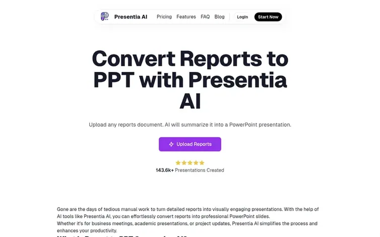 Screenshot of the Presentia AI homepage