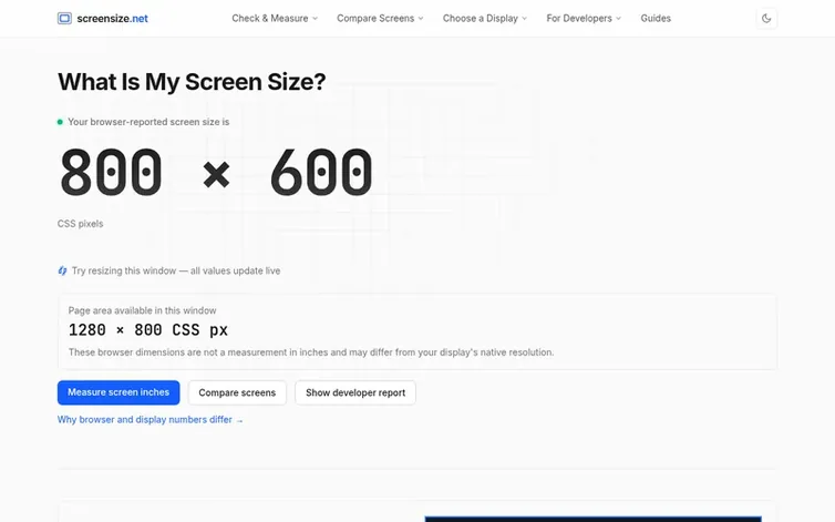 Screenshot of the ScreenSize.net homepage