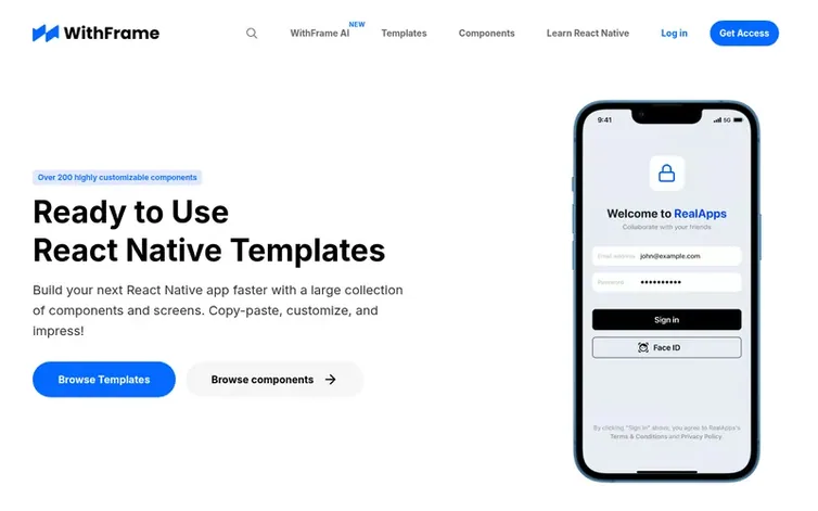 Screenshot of the WithFrame homepage