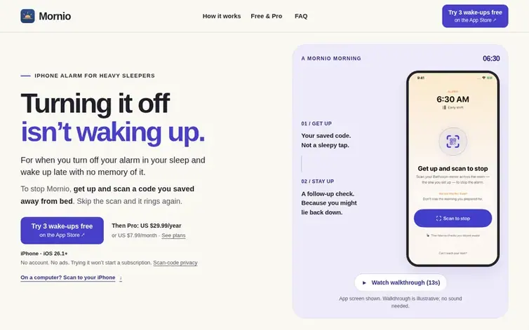 Screenshot of the Mornio homepage