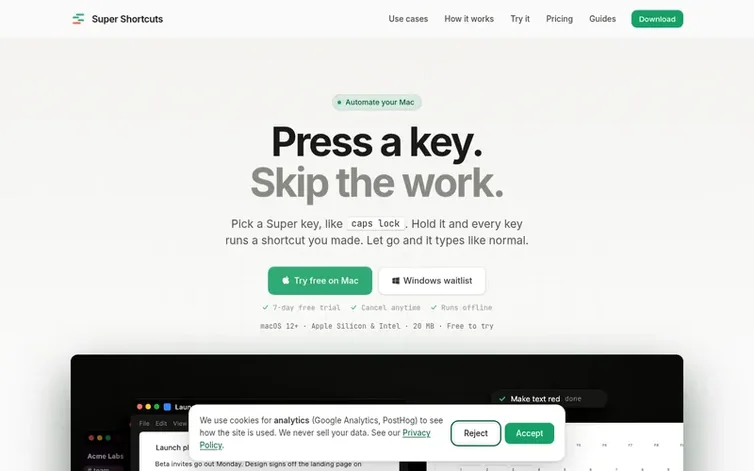 Screenshot of the Super Shortcuts homepage