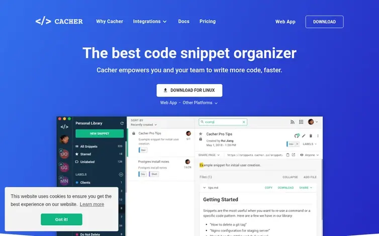 Screenshot of the Cacher homepage