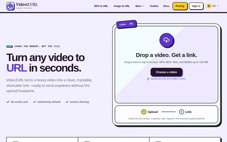 Screenshot of the Video2URL homepage