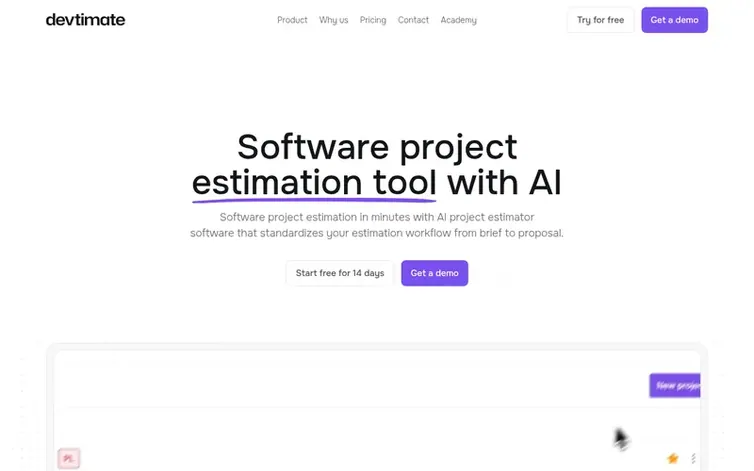 Screenshot of the devtimate homepage