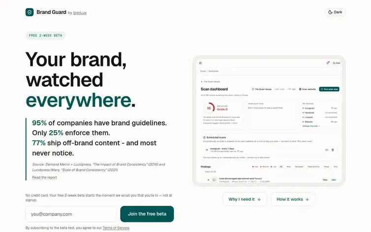 Screenshot of the Brand Guard homepage