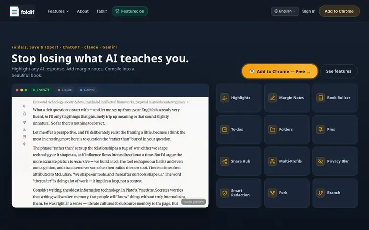Screenshot of the Foldif homepage