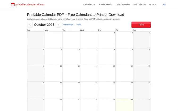 Screenshot of the Printable Calendar PDF homepage