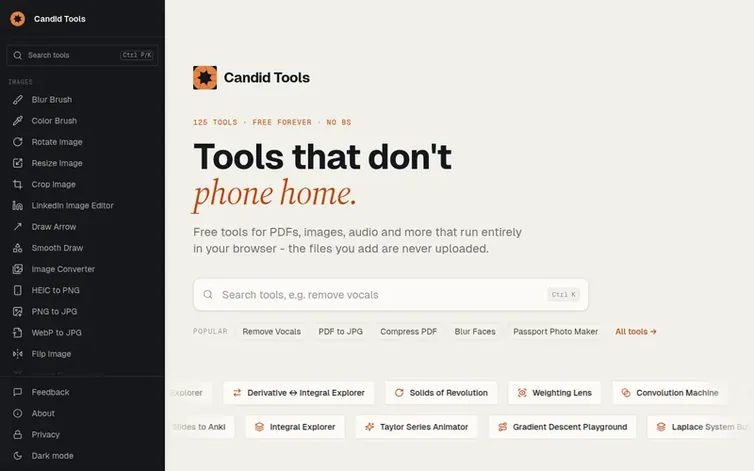 Screenshot of the Candid Tools homepage