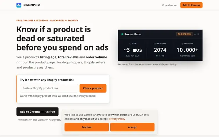Screenshot of the ProductPulse homepage
