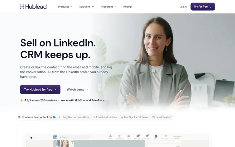 Screenshot of the Hublead homepage