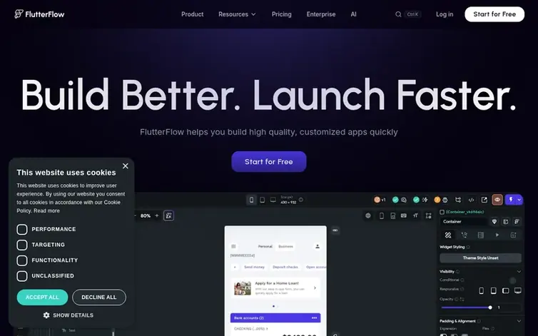 Screenshot of the FlutterFlow homepage