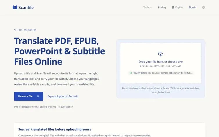 Screenshot of the Scanfile homepage