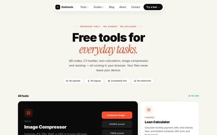 Screenshot of the Kodotools homepage