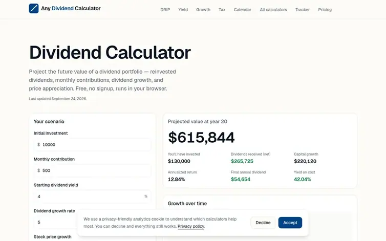 Screenshot of the Any Dividend Calculator homepage