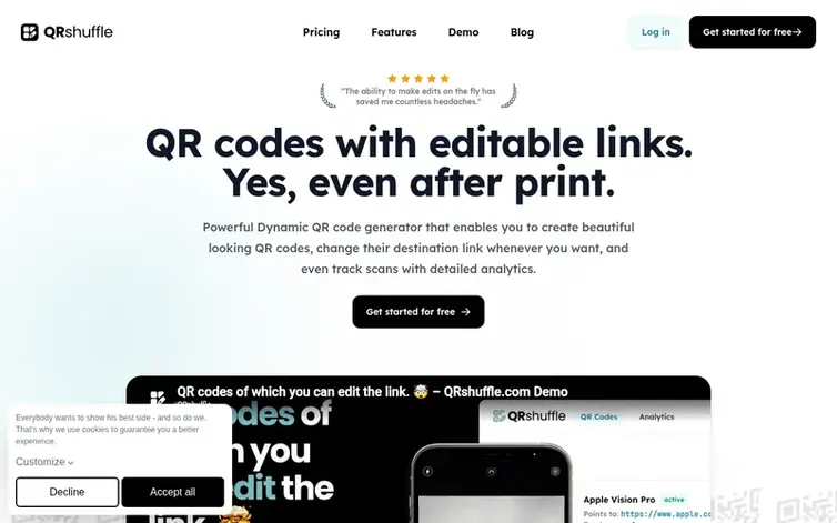 Screenshot of the QRshuffle homepage
