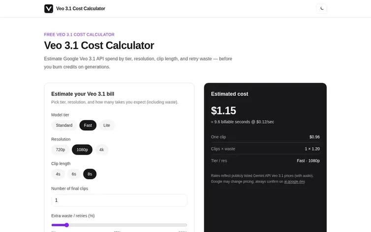 Screenshot of the Veo 3.1 Cost Calculator homepage
